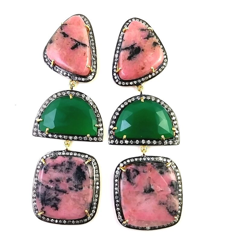 Semi-precious Stone Earrings - 14k Gold Plated 925 Sterling Silver, 3.2 Inches Long With 86 Carats Of Rhodochrosite & Green Onyx, Various Patterns