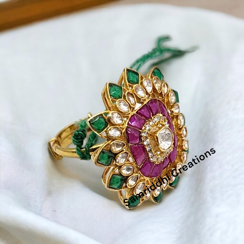 Emerald Polki Ring - 925 Sterling Silver, 12.600 Grams | Antique Gold Plated, Moissanite, Lab-created Ruby & Emerald, Skin-friendly Materials