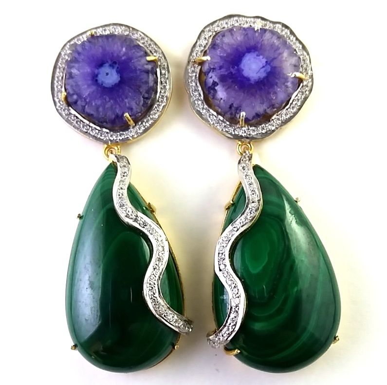 Malachite Silver Earring - 925 Sterling Silver With 18k Gold Plating , 2.6 Inches Long With 53.20 Carats Of Malachite And Amethyst Gemstones
