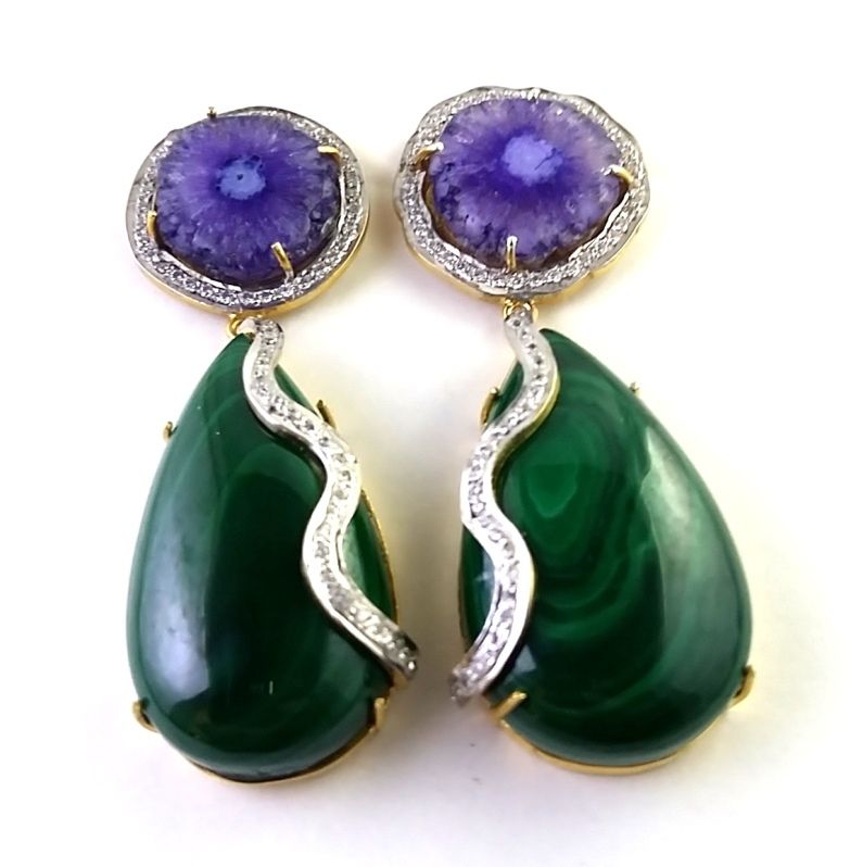 Malachite Silver Earring - 925 Sterling Silver With 18k Gold Plating , 2.6 Inches Long With 53.20 Carats Of Malachite And Amethyst Gemstones