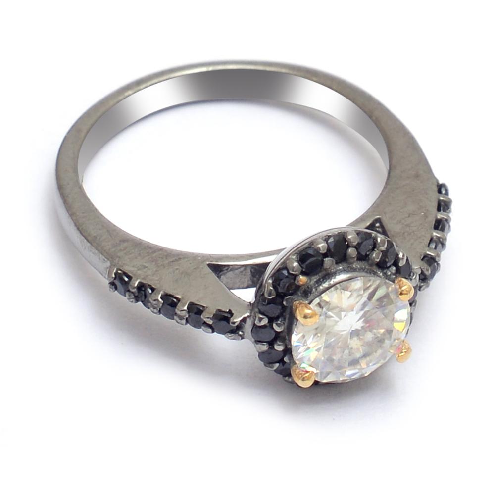 Fine Moissanite And Black Diamond Ring In Sterling Silver - Color: White