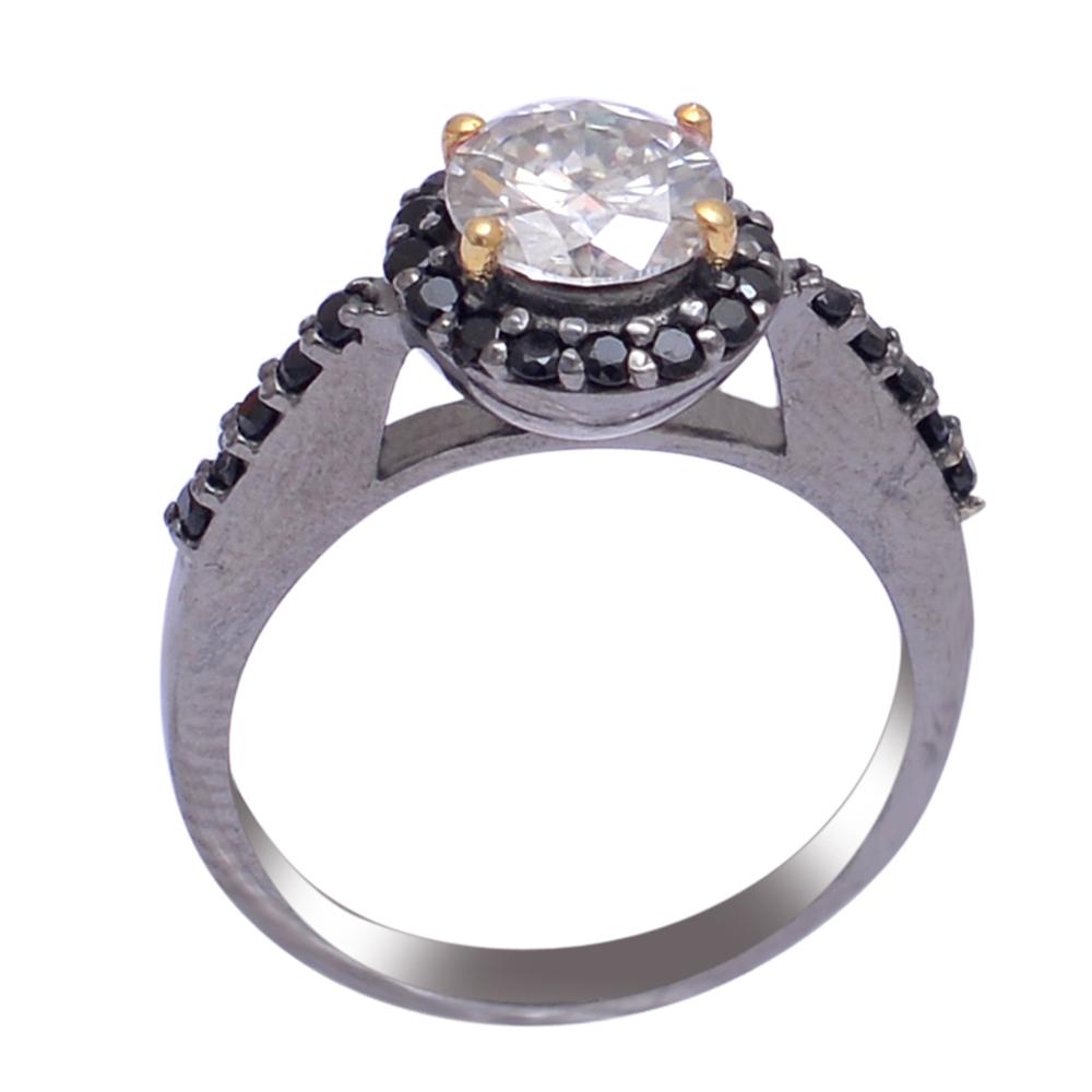 Fine Moissanite and Black Diamond Ring in Sterling Silver