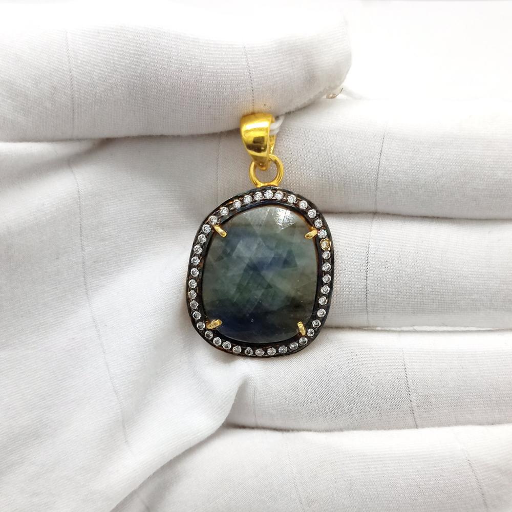925 Sterling Silver Faceted Blue Sapphire Artisan Pendant
