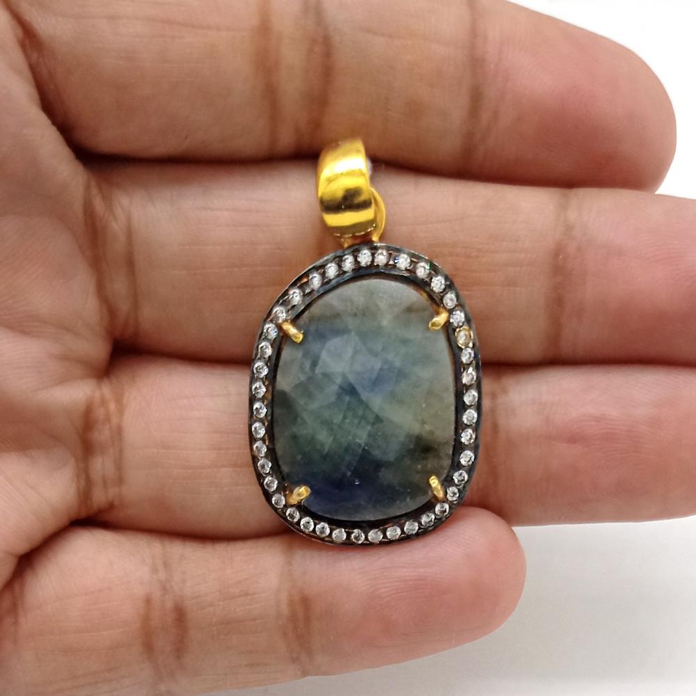 925 Sterling Silver Faceted Blue Sapphire Artisan Pendant