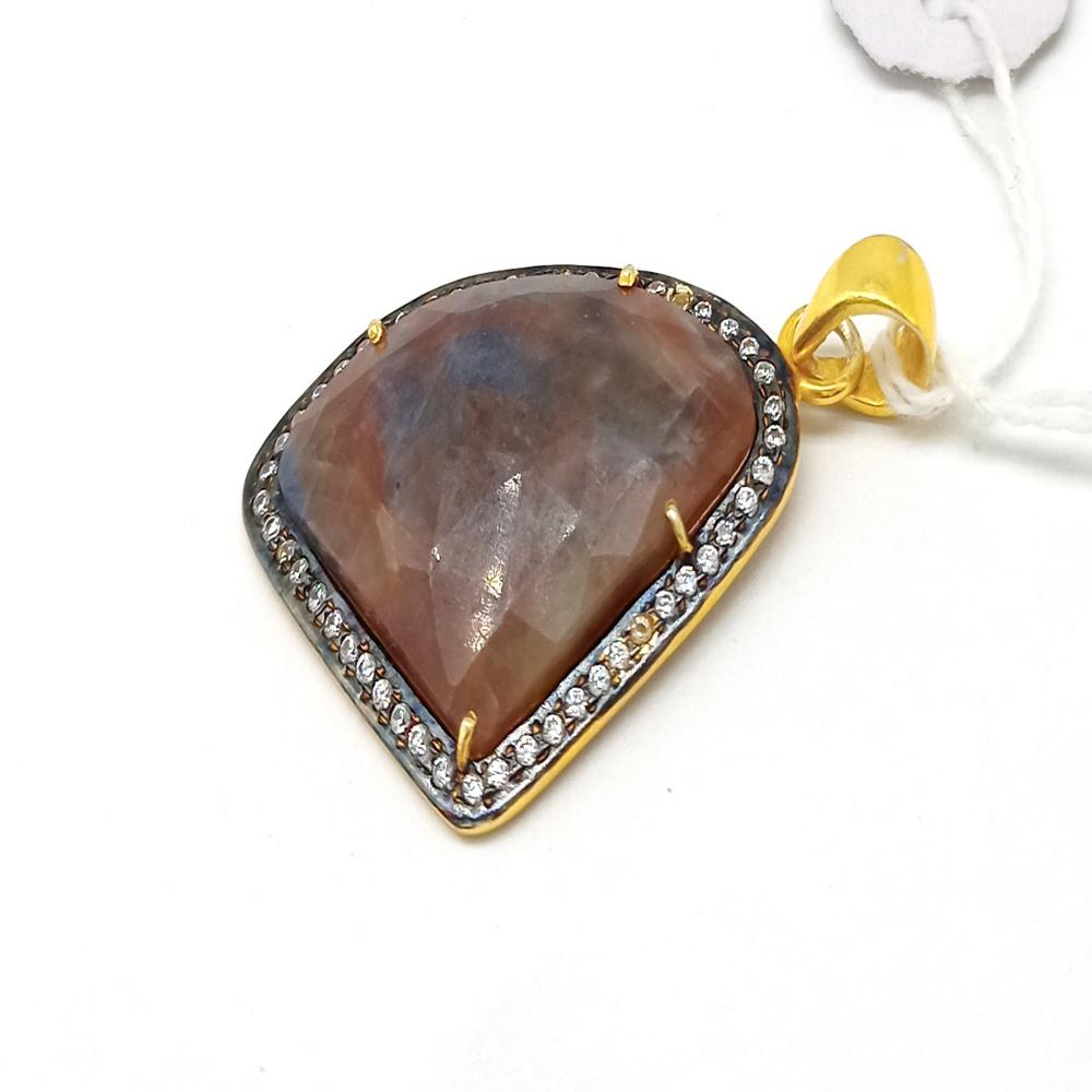 925 Sterling Silver Faceted Brown Sapphire Handcrafted Pendant