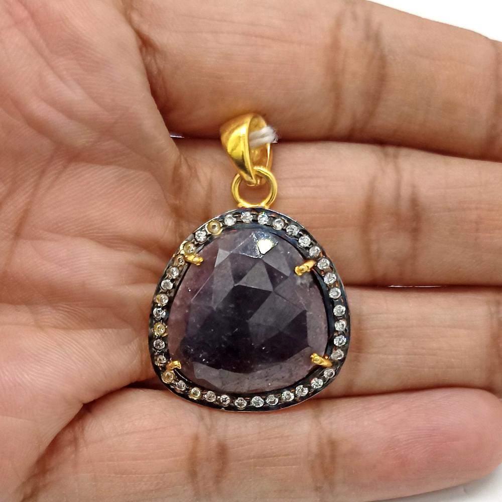 925 Sterling Silver Faceted Dark Brown Sapphire Pendant - Gender: Men