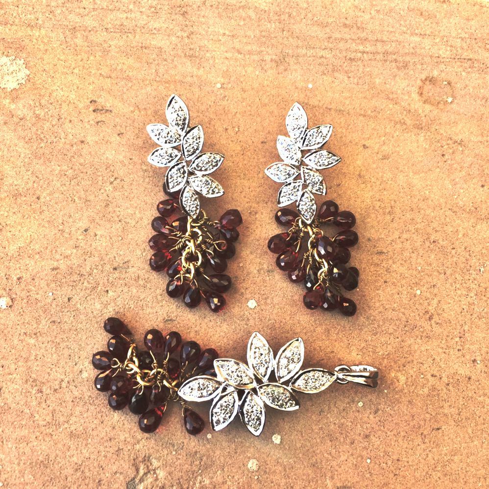 White Gold Over Silver 92.5% Garnet Silver Pendant Set