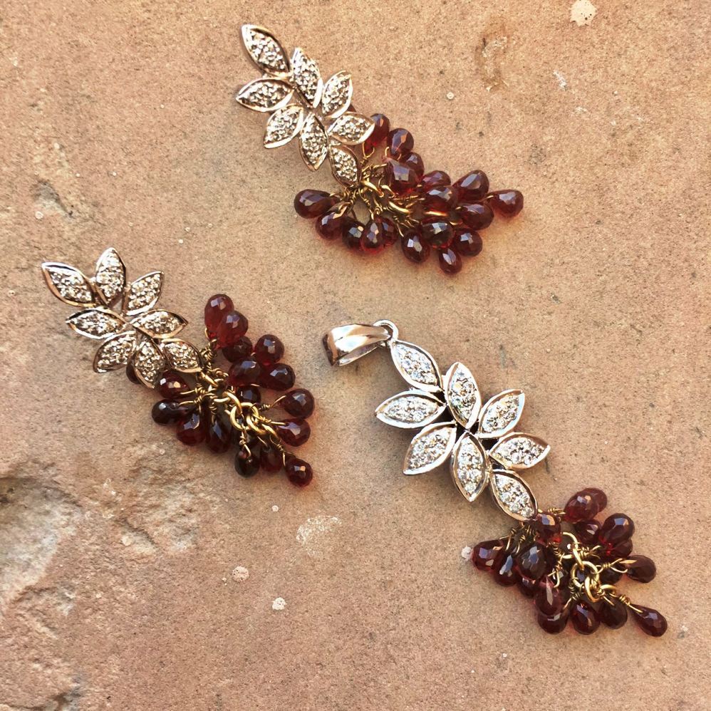White Gold Over Silver 92.5% Garnet Silver Pendant Set