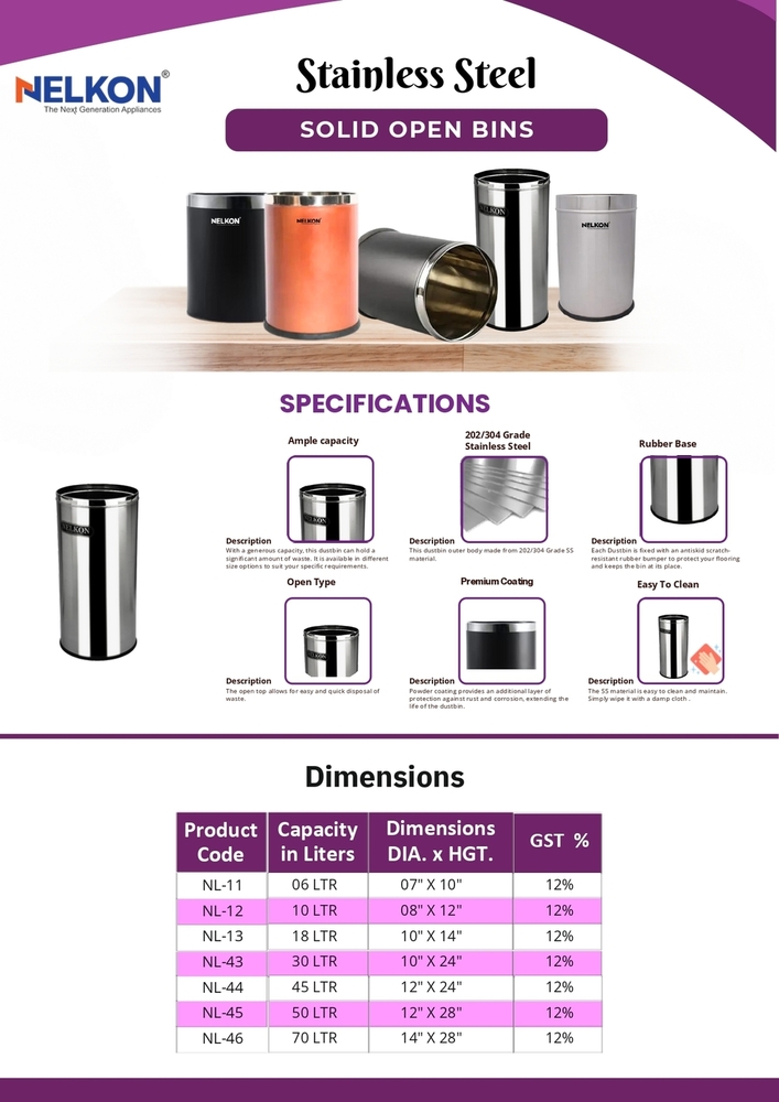 Open Top Solid SS Dustbin 8x12