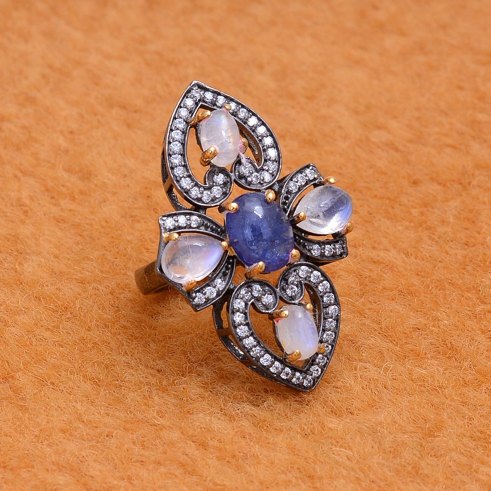 Pave Zircon Tanzanite and Moon Stone Ring