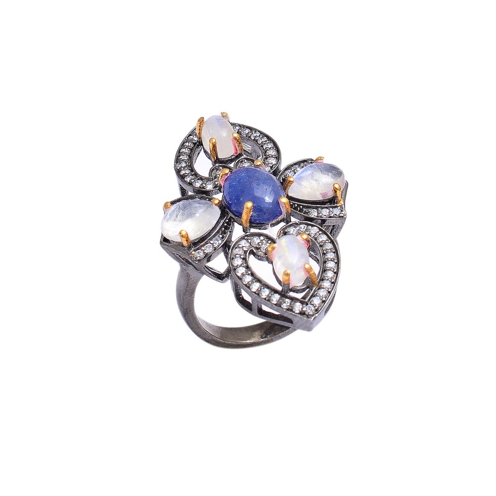 Pave Zircon Tanzanite and Moon Stone Ring