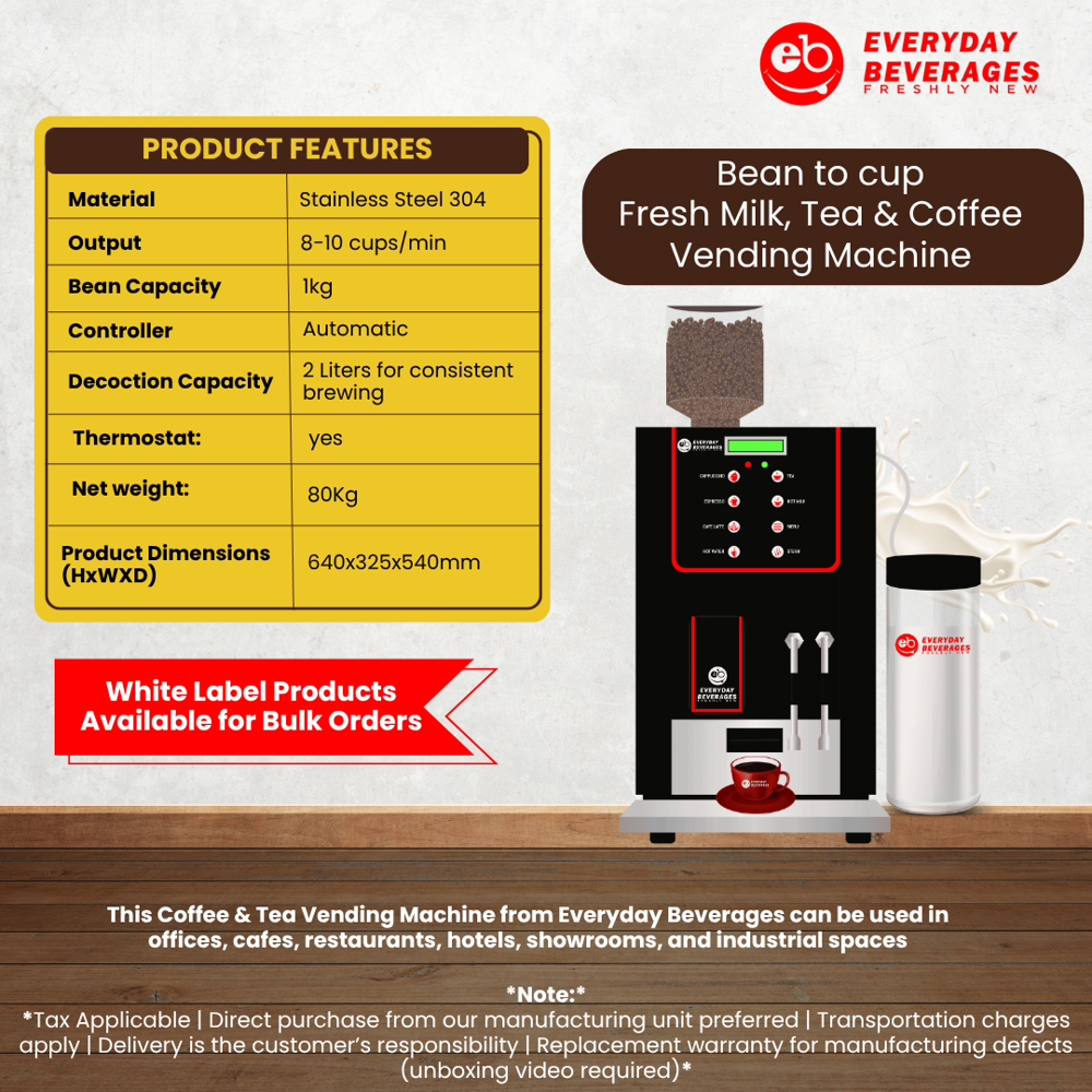 Bean To Cup Coffee Vending Machine - Stainless Steel, Automatic, 220-240 Volt | Sleek Black & Silver Design For Commercial Use, Warranty Included