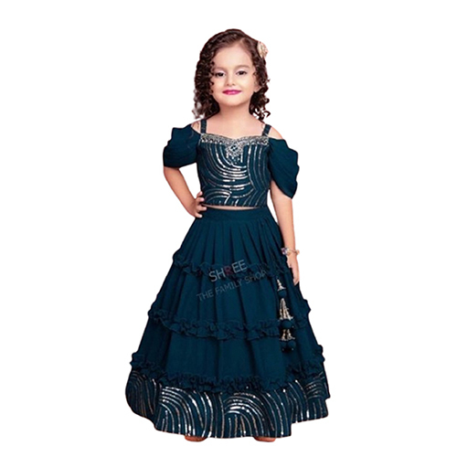 Kids Georgette Fabric Green Lehenga Choli