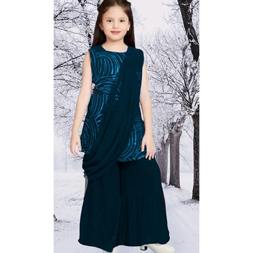 Kids Blue Velvet Fish Sharara Suit