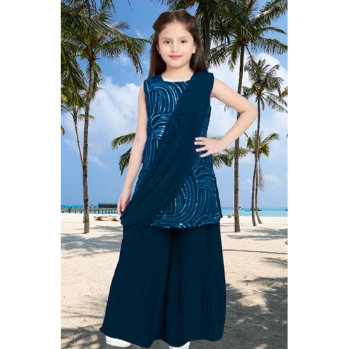 Kids Blue Velvet Fish Sharara Suit
