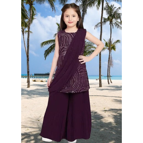 Kids Maroon Velvet Fish Sharara Suit