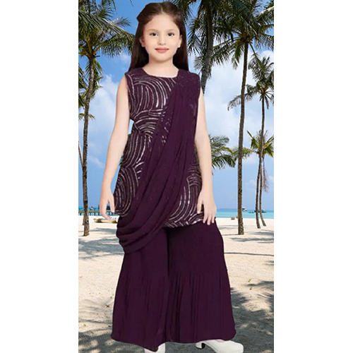 Kids Maroon Velvet Fish Sharara Suit