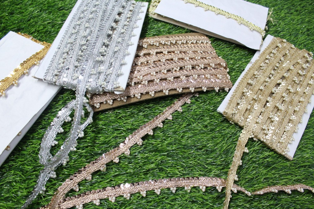 Moti Sequence Lace - Polyester, 1-5 Meters Long, 20-30 Mm Width, Gold Color | Durable Material, Elegant Design, Intricate Work, Versatile Use