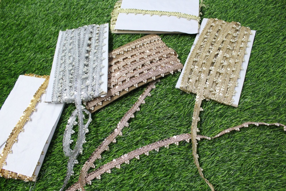 Moti Sequence Lace - Polyester, 1-5 Meters Long, 20-30 Mm Width, Gold Color | Durable Material, Elegant Design, Intricate Work, Versatile Use