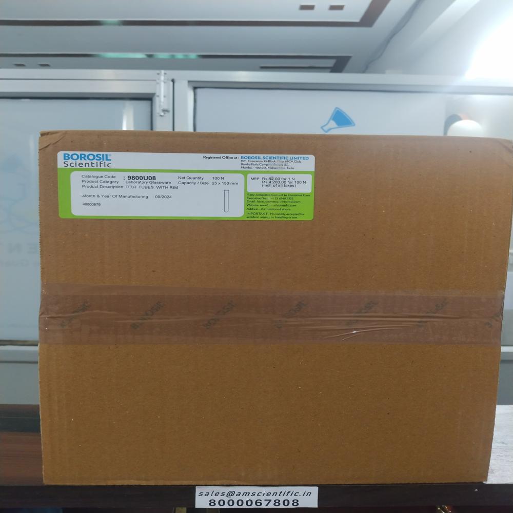 Test Tube With Rim - Borosilicate Glass, 150mm Length X 25mm Height, 55ml Capacity, Transparent | Ideal For Laboratory Culture And Testing