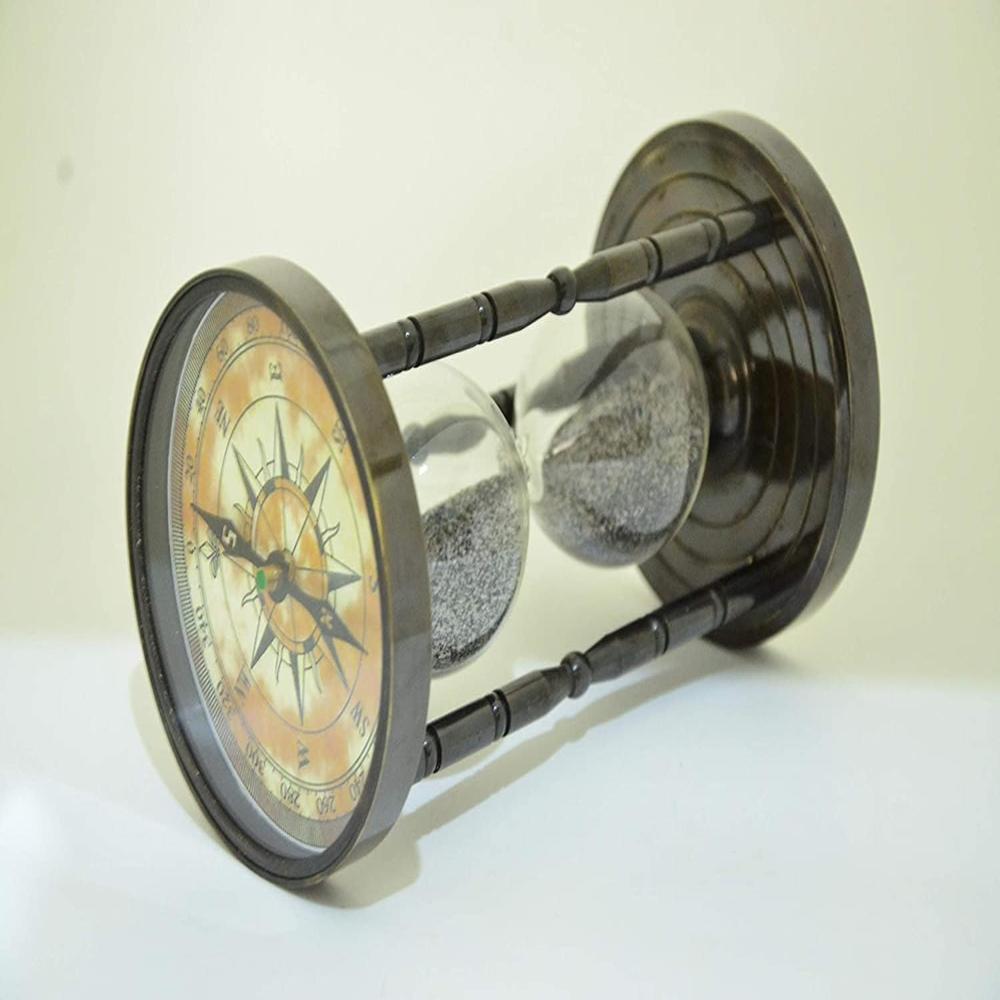 Brass Handmade Sand Timer Hourglass Sand Timer With Compass - Color: Antique