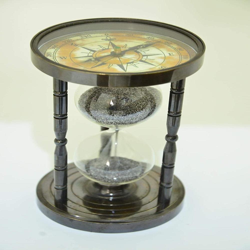 Brass Handmade Sand Timer Hourglass Sand Timer With Compass - Color: Antique