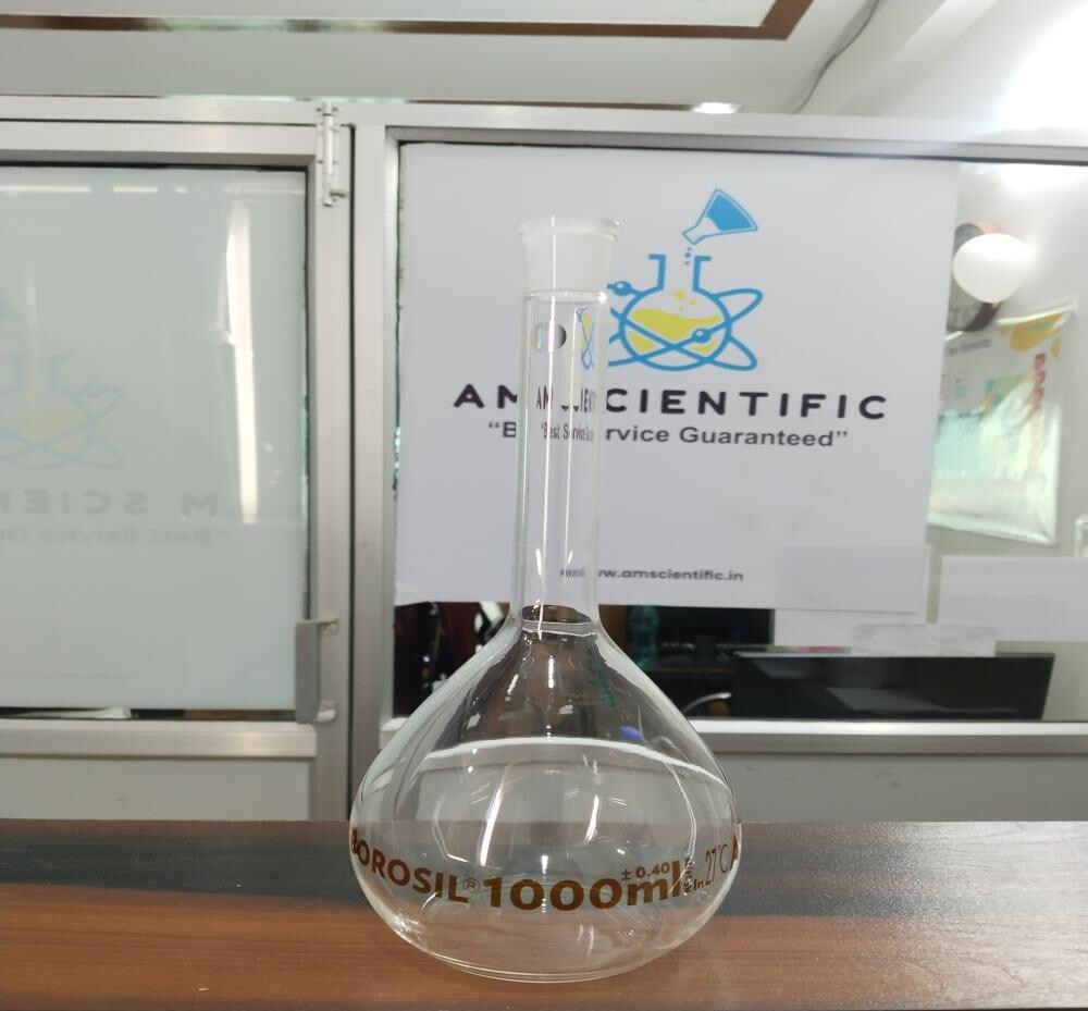 VOLUMETRIC FLASKS Class A, Narrow Mouth, Clear, 1000mL - Borosil Glass Material, Transparent Color, Individual Calibration Certificate, Laboratory Use