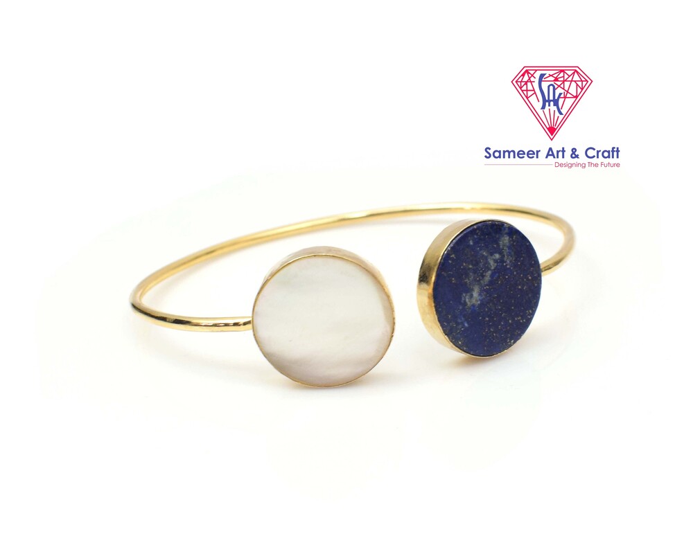 Natural Lapis Lazuli & Mother Of Pearl Gemstone With 18k Gold Plated Handmade Adjustable Bangle