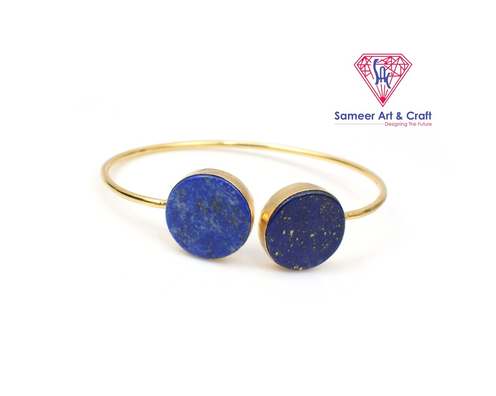 Natural Lapis Lazuli & Mother Of Pearl Gemstone With 18k Gold Plated Handmade Adjustable Bangle