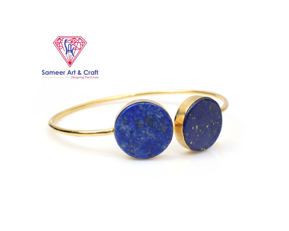 Natural Lapis Lazuli & Mother Of Pearl Gemstone With 18k Gold Plated Handmade Adjustable Bangle