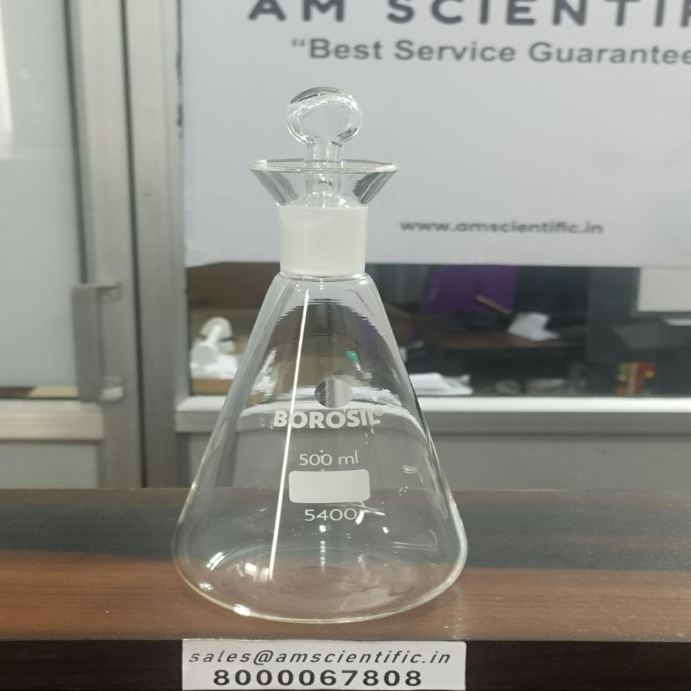 Iodine Flask With I/c Glass Stopper - Borosilicate Glass, 500ml Size, Transparent Color | Durable, Round Shape, Laboratory Use