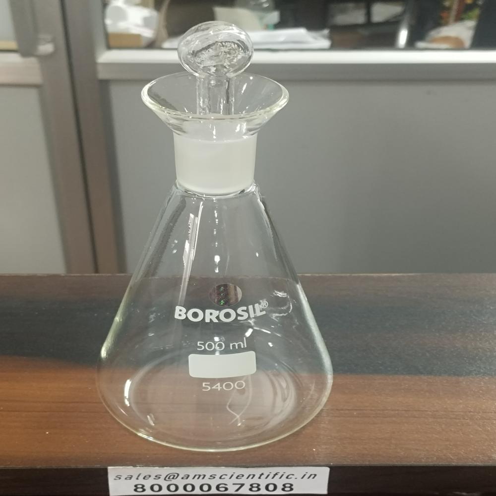 Iodine Flask With I/c Glass Stopper - Borosilicate Glass, 500ml Size, Transparent Color | Durable, Round Shape, Laboratory Use
