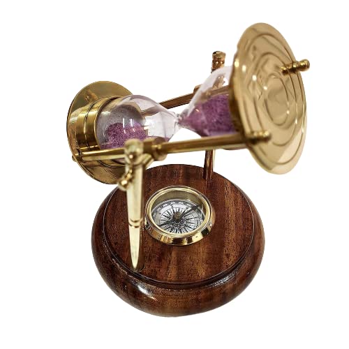 Brass Sand Timer - 5 Inches Hour Glass With Brown Wooden Base - Feature: Good Quality
