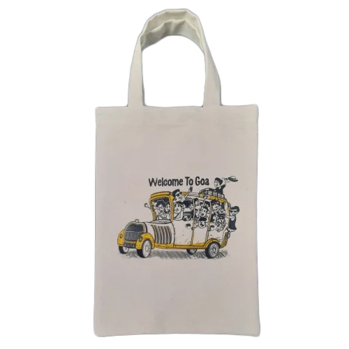 White Printed Cotton Tote Bags - Color: Beige