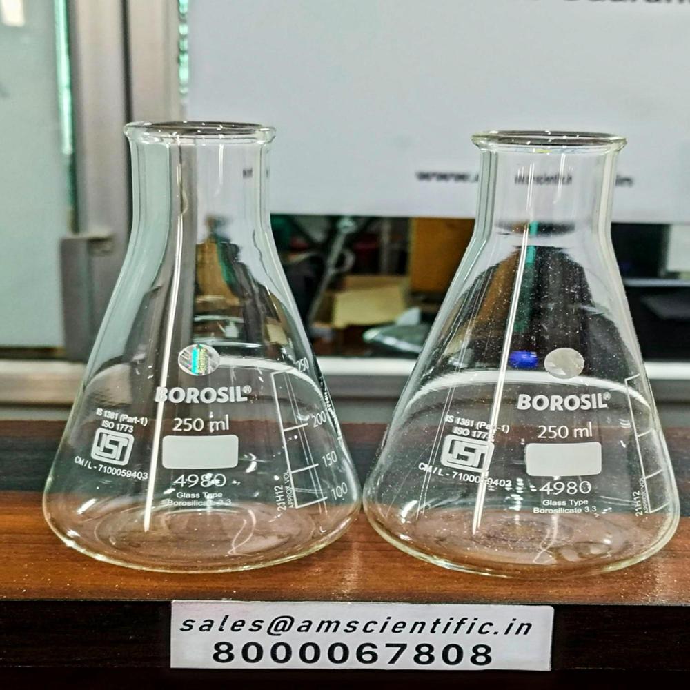 Erlenmeyer Conical Flask Narrow Mouth, With Rim , For Chemical Laboratory, 250 Ml - Color: Transparent