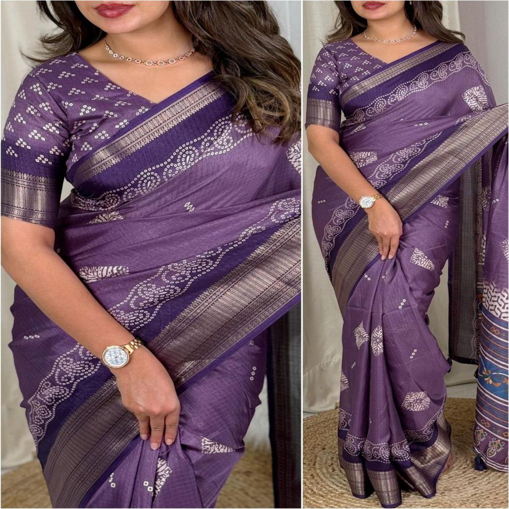 Saree-cotton Slub With Running Blouse - Design: 1- Batik Print In Saree**2- Jacquard Border In Weaving**3-tussels In Pallu**4-self Checks Pattern Weaving*