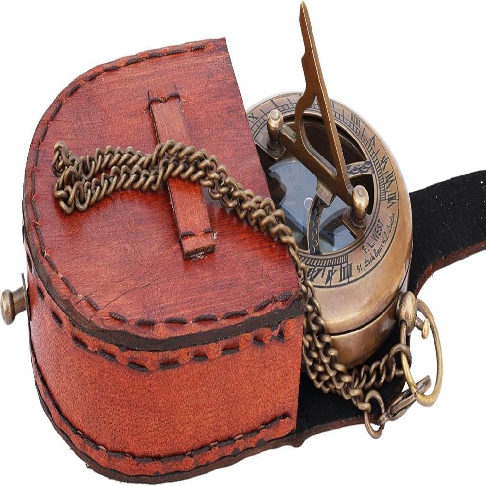 Sundial Clock Engraved Brass Pocket Portable Compass - Color: Antique Brown