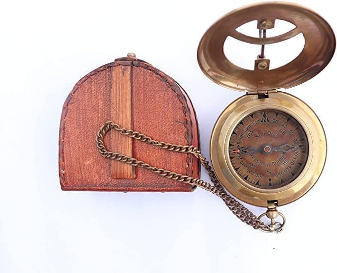 Sundial Clock Engraved Brass Pocket Portable Compass - Color: Antique Brown
