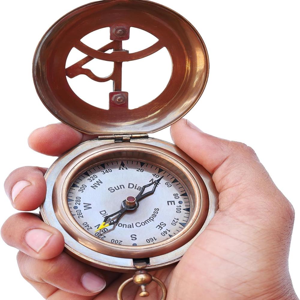 Sundial Clock Engraved Brass Pocket Portable Compass - Color: Antique Brown