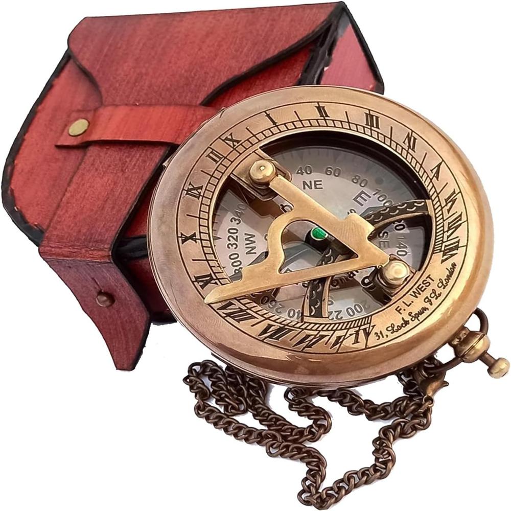 Sundial Clock Engraved Brass Pocket Portable Compass - Color: Antique Brown
