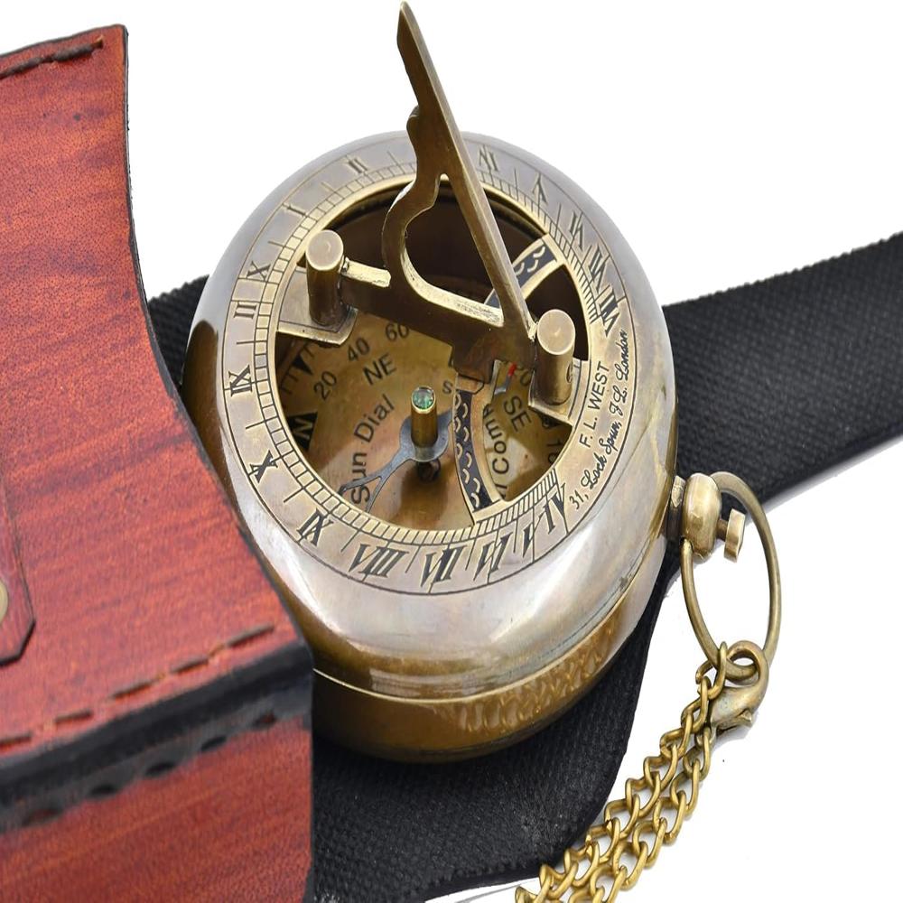 Sundial Clock Engraved Brass Pocket Portable Compass - Color: Antique Brown