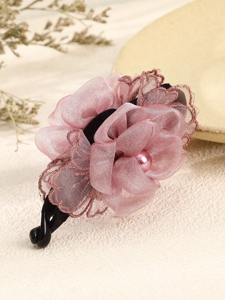 Hair Clip - Plastic, Elegant Design with Delicate Ruffles, Black Pink Color, Pearls, Secure Hold, Ideal for Casual and Formal Wear