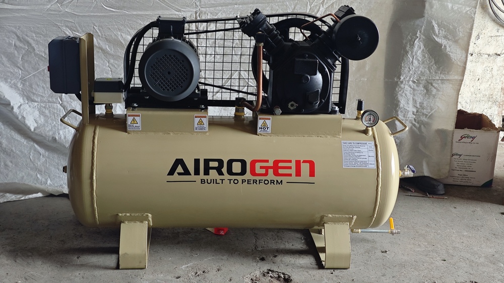 5 HP Two Stage Air Compressor - Mild Steel, 200 Liters Tank Capacity, 10 Bar Pressure | Air-Cooled, 14.5 CFM Piston Displacement, 220 Volt Power