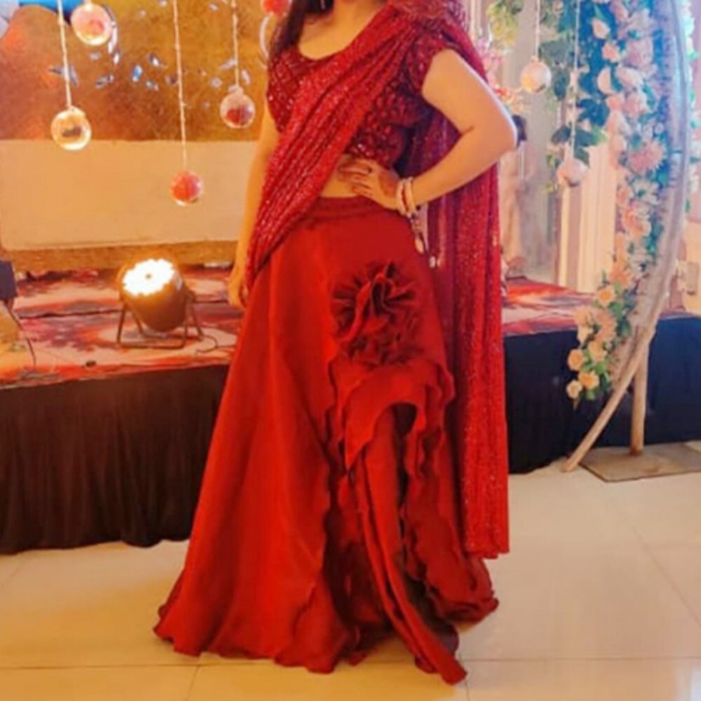 Frilled Lehenga Choli With Dupatta - Color: Red