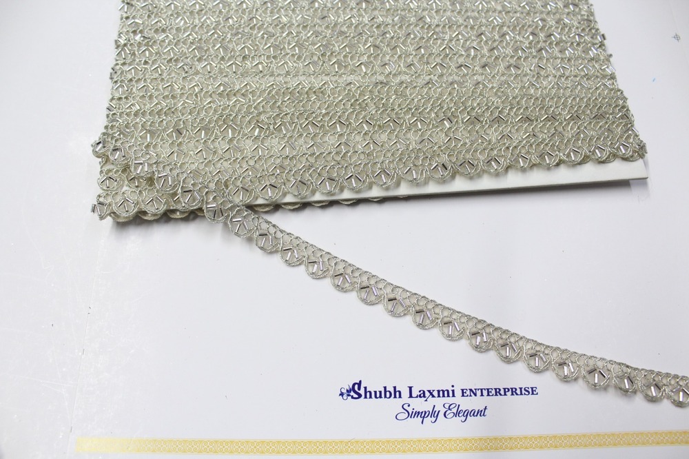 Cutwork Cutdana Lace - Sequin Lace, 1-2 Inches Wide, Length 10-100 Meters, Silver Color | Durable Material, Elegant Design, Intricate Detail, Versatile Use