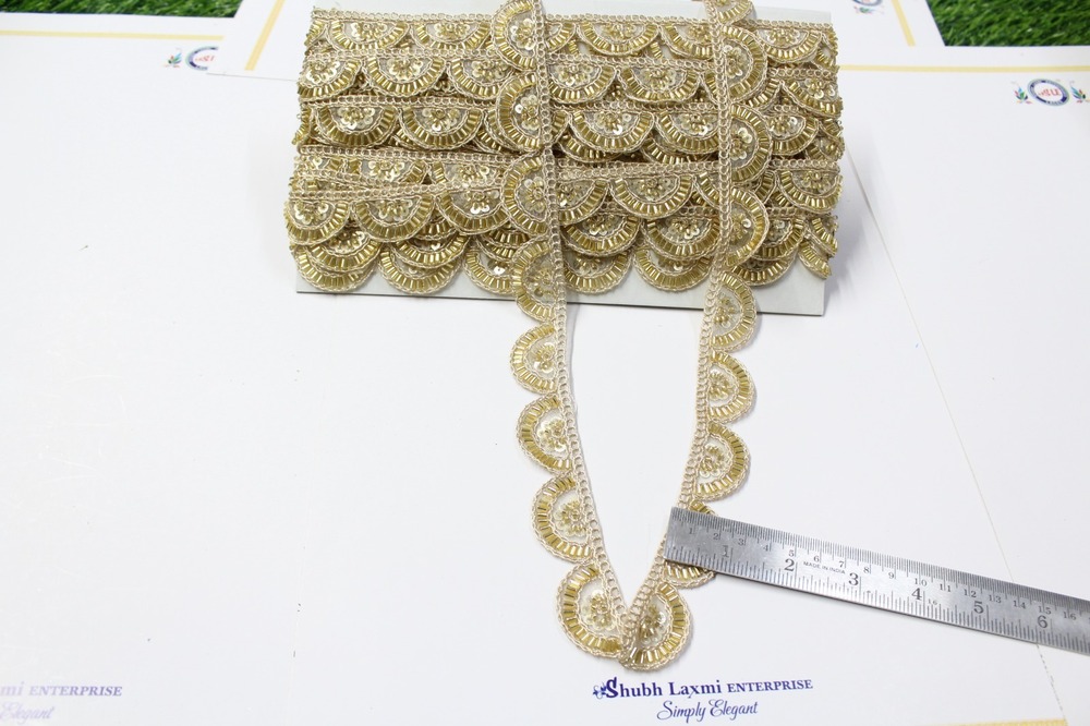 Cutdana Cutwork Golden Lace - 1 Inch Wide, Scalloped Design, Golden Color, Sequin Embellishment, Durable Material, Elegant Detail, Versatile Use