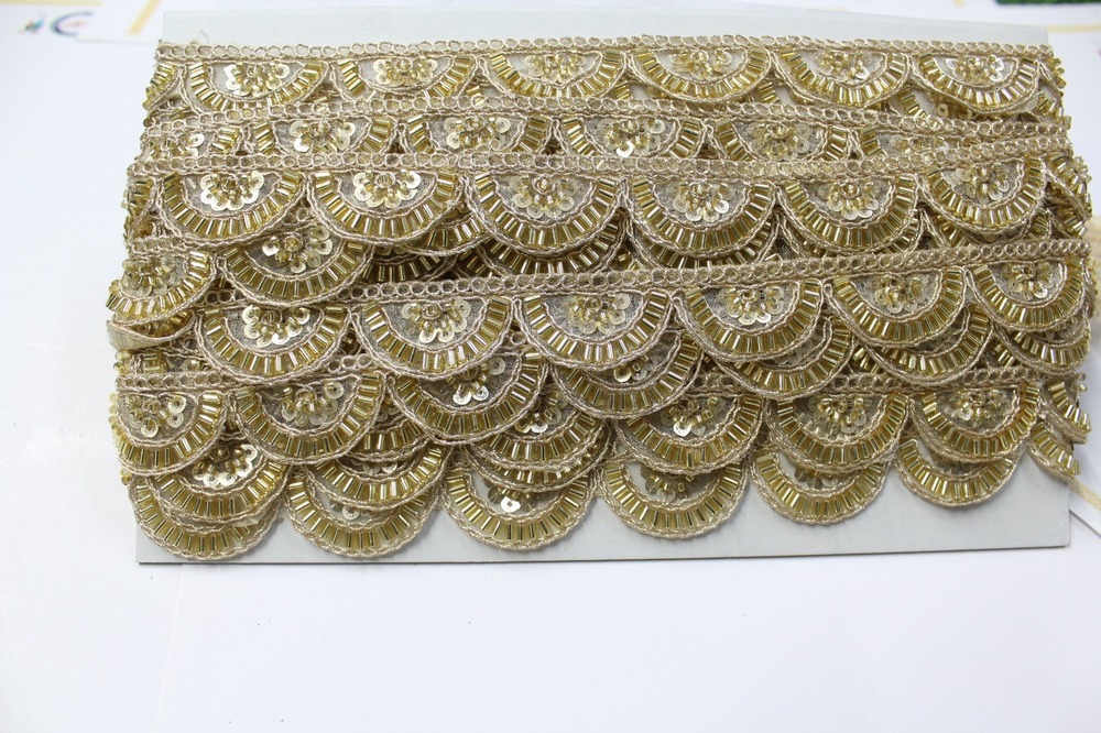 Cutdana Cutwork Golden Lace - 1 Inch Wide, Scalloped Design, Golden Color, Sequin Embellishment, Durable Material, Elegant Detail, Versatile Use