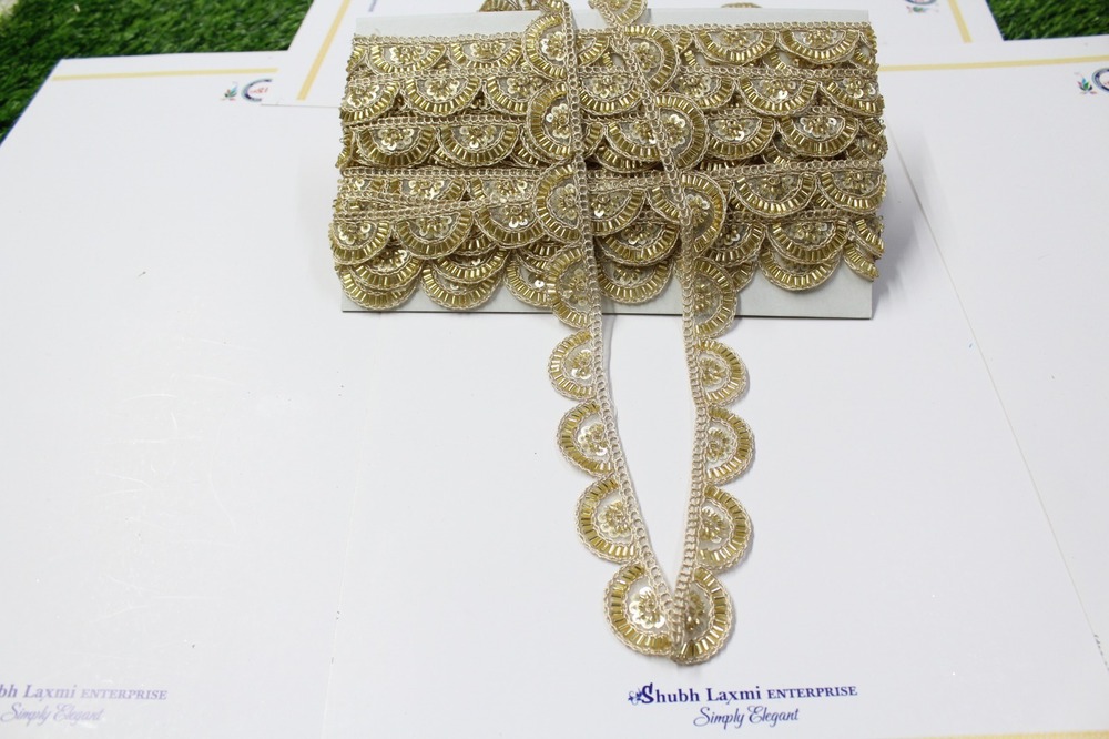 Cutdana Cutwork Golden Lace - 1 Inch Wide, Scalloped Design, Golden Color, Sequin Embellishment, Durable Material, Elegant Detail, Versatile Use