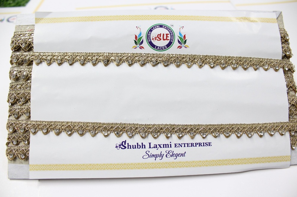 Embroidery Stone Lace - Variable Length, Gold Color With Stones | Durable Material, Elegant Design, Intricate Details, Versatile Use