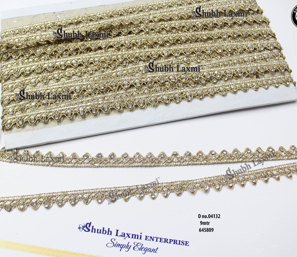 Embroidery Stone Lace - Variable Length, Gold Color With Stones | Durable Material, Elegant Design, Intricate Details, Versatile Use